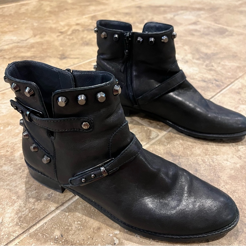 Stuart Weitzman Nappa Leather Silver Studded Moto Boots - Picture 2 of 9